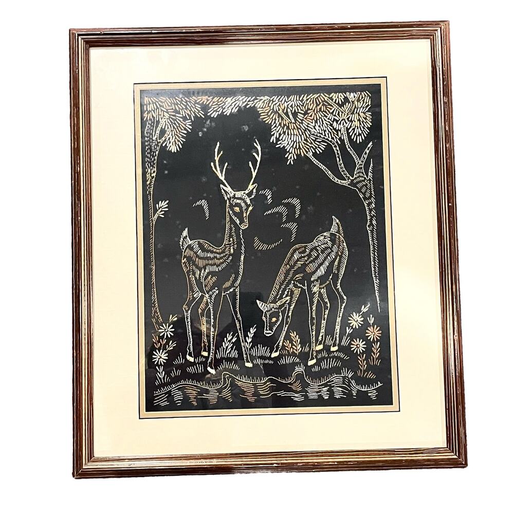 Embroidery Under Glass Framed Art Deer Doe Buck 1930s Forest Stream 18.5x22" Vtg